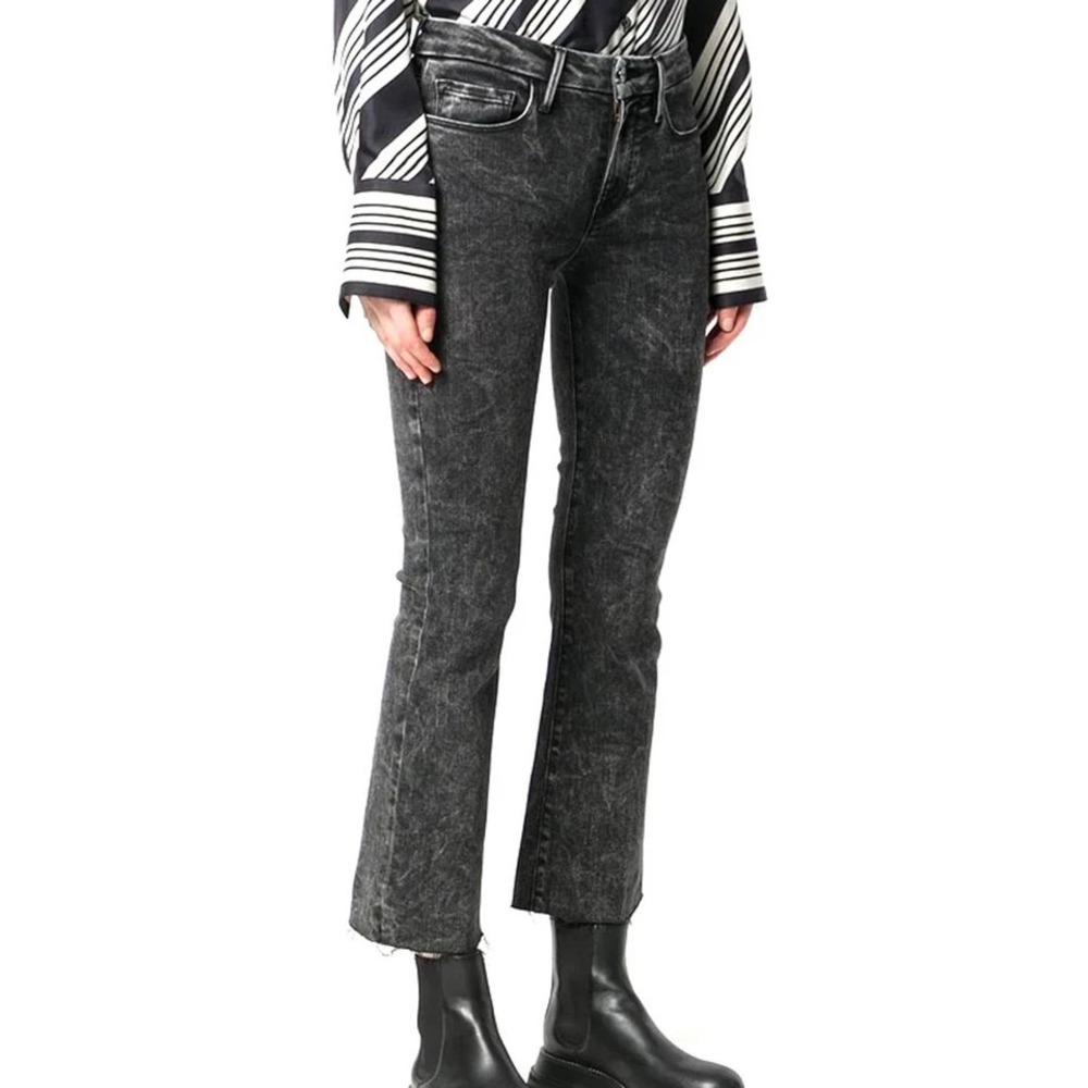 Frame Le Crop Mini Boot Cut Jean in Rockstar Black Acid Wash Women 23 Frayed Hem